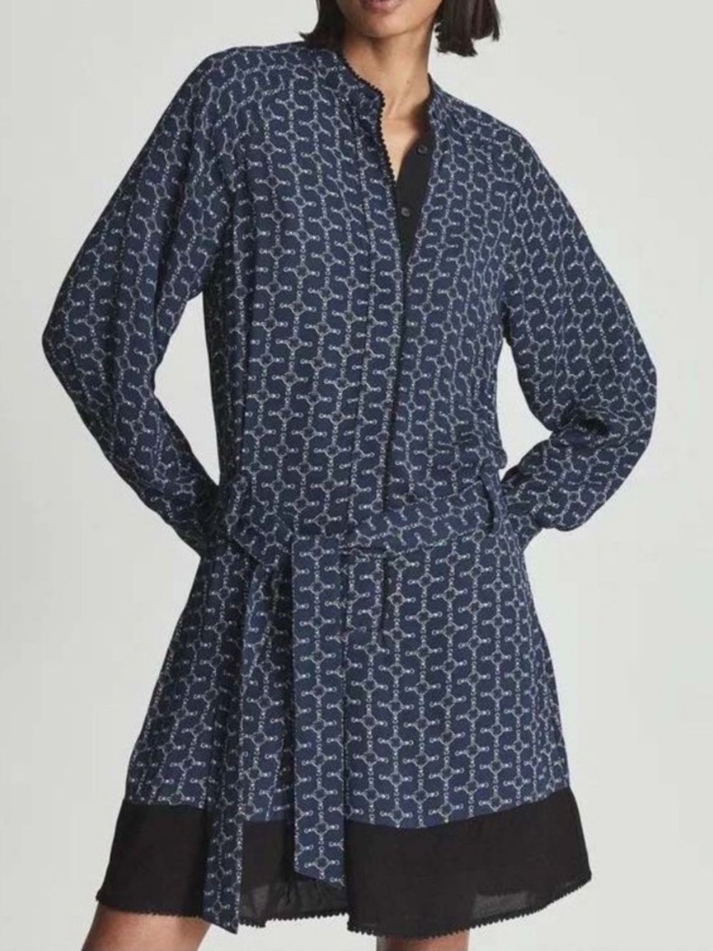 Reiss Navy Chain-Print Long-Sleeve Tie-Waist Dress